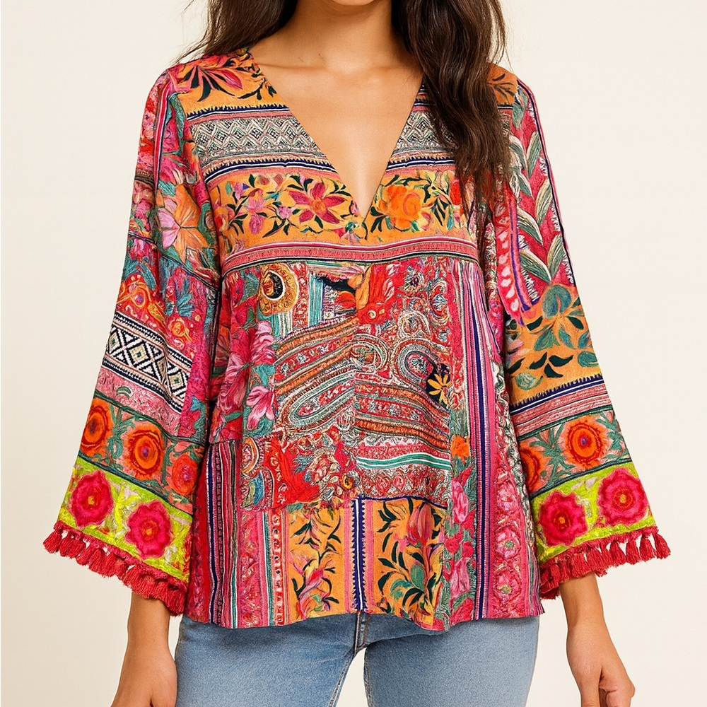 GENERATION Colorful Bohemian Embroidered tasseled sleeve blouse size 12 floral